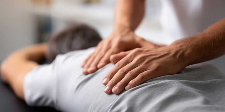 An older adult receiving a gentle back adjustment from a healthcare professional in a bright clinic room.